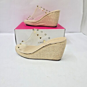 Y2K Chunky Platform Wedge Sandals Size US 8 Nature Breeze Tan & Gold Studded